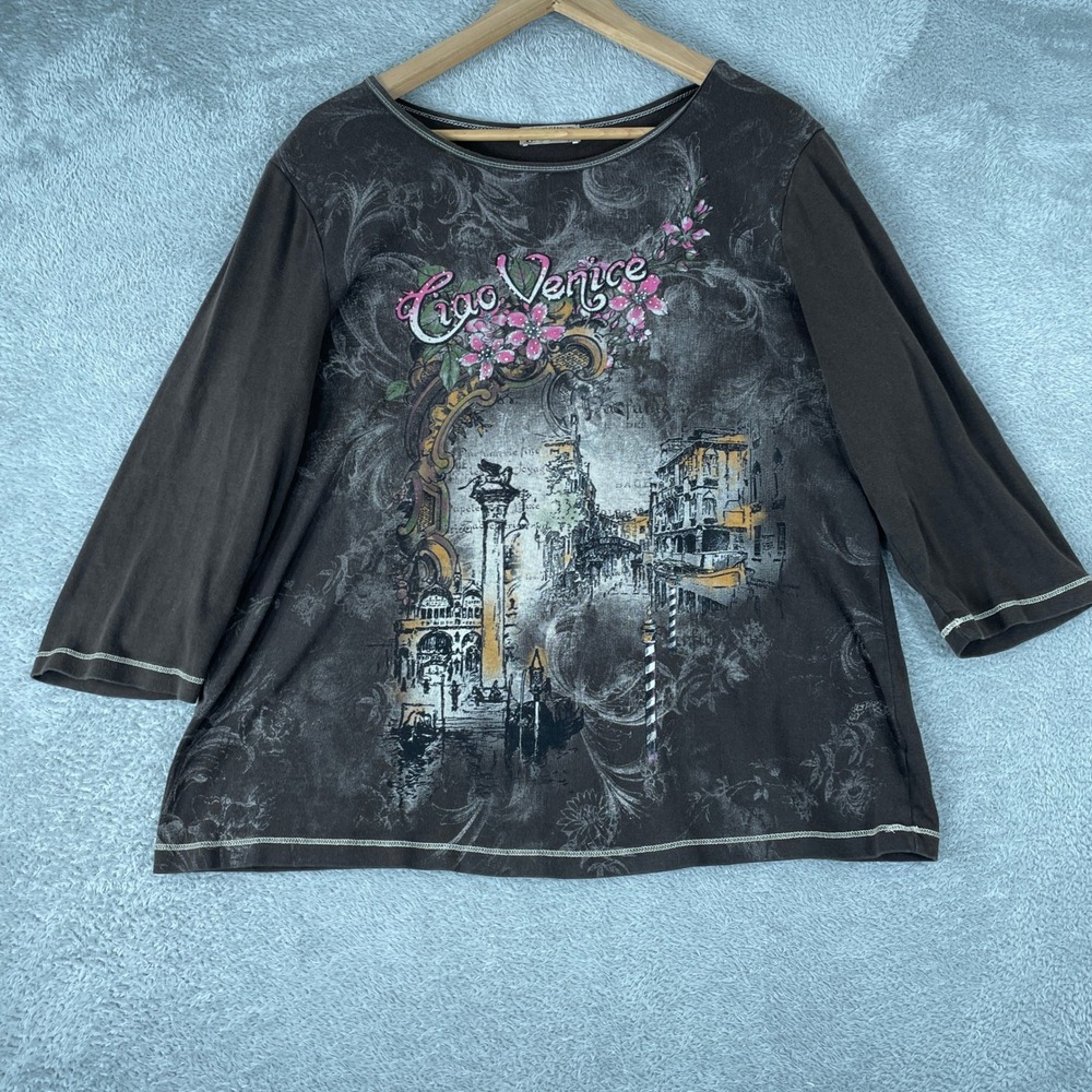 Blue Canyon Ciao Venice Shirt Womens 1X Brown Y2K Scenic Floral Boho Italy